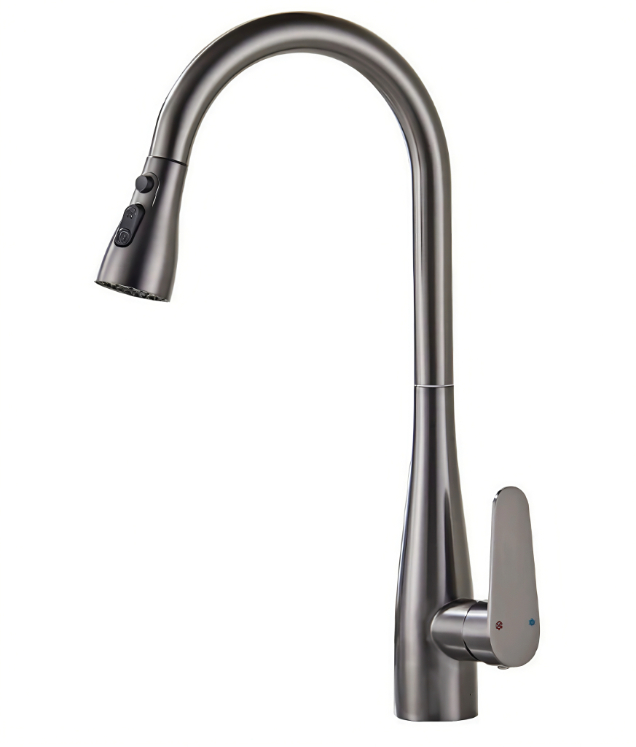 Gunmetal Grey High-Arc Gooseneck အပူနှင့်အအေး မီးဖိုချောင်မှ ဆွဲထုတ်သည့် Faucet
